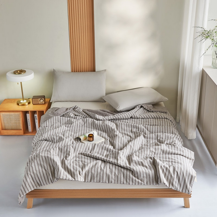 良品汇馆 2025新款日式无印水洗棉夏被良品大豆纤维被条纹全棉柔软夏凉被空调被子 宽条纹 咖