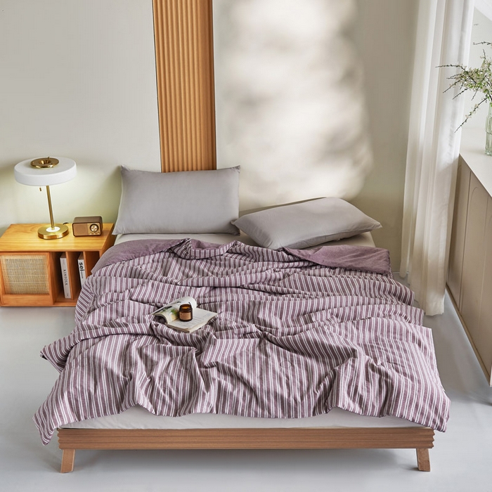 良品汇馆 2025新款日式无印水洗棉夏被良品大豆纤维被条纹全棉柔软夏凉被空调被子 宽条纹 枣红