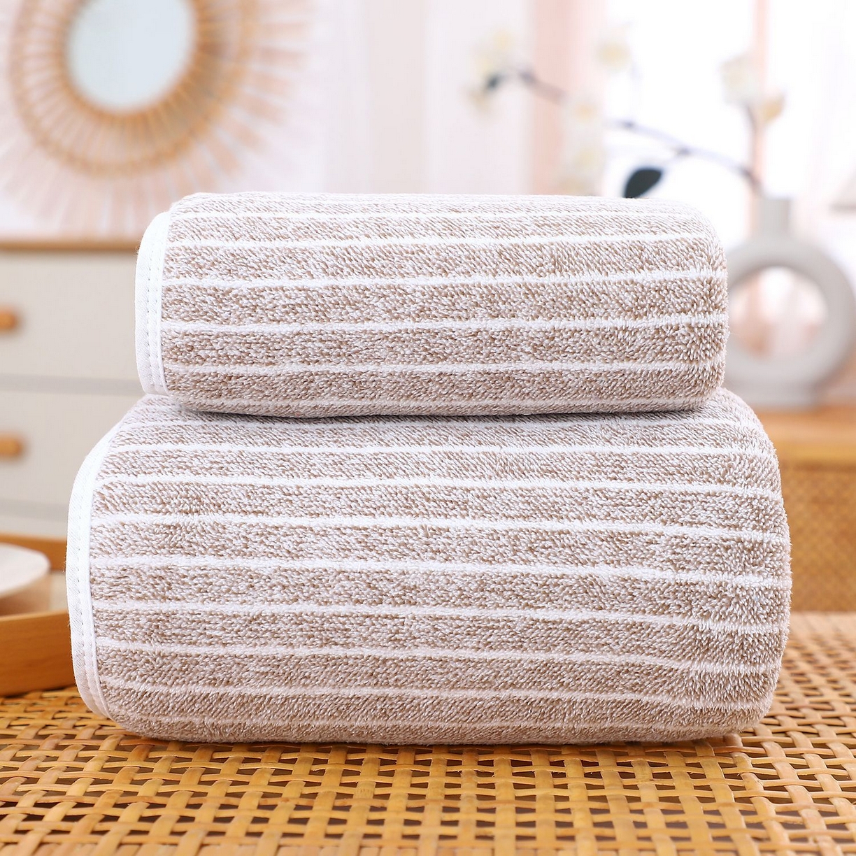 良品汇馆 2025新款日式无印珊瑚绒毛巾加厚吸水良品擦手巾成人浴巾礼品洗脸巾面巾 卡其条 浴巾70X140cm