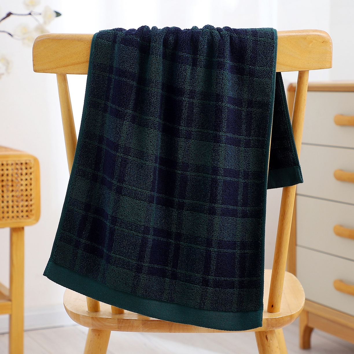 91家纺网 家纺一手货源 找家纺 良品汇馆 日式无印全棉格纹毛巾良品英伦格浴室洗脸毛巾格子面巾酒店民宿款 英伦格-绿色格 34X74cm