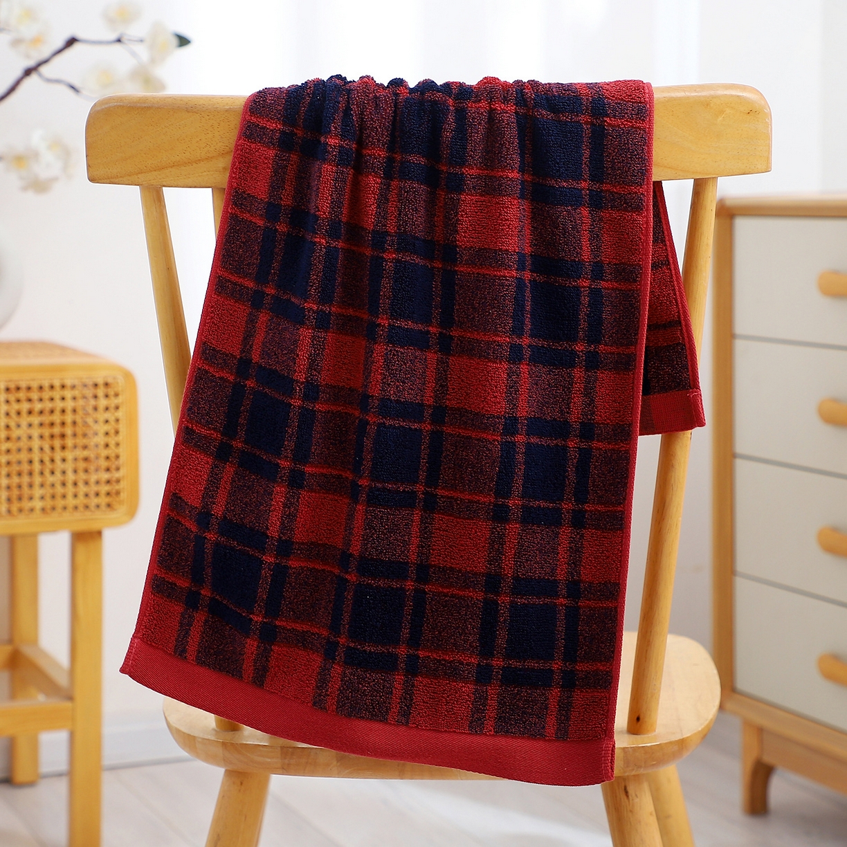 良品汇馆 日式无印全棉格纹毛巾良品英伦格浴室洗脸毛巾格子面巾酒店民宿款 英伦格-红色格 34X74cm