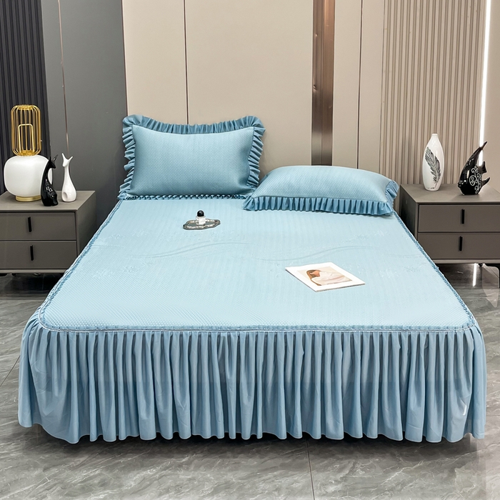 91家纺网 家纺一手货源 找家纺 瑞兴纺 2025新款高分子PE软凉席款床裙款 床裙款-五朵金花-蓝