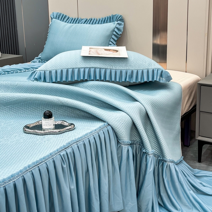 91家纺网 家纺一手货源 找家纺 瑞兴纺 2025新款高分子PE软凉席款床裙款 床裙款-五朵金花-蓝