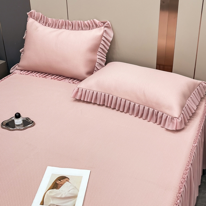 91家纺网 家纺一手货源 找家纺 瑞兴纺 2025新款高分子PE软凉席款床裙款 床裙款-华夫格-粉