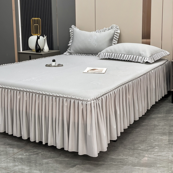 91家纺网 家纺一手货源 找家纺 瑞兴纺 2025新款高分子PE软凉席款床裙款 床裙款-玫瑰之恋-灰