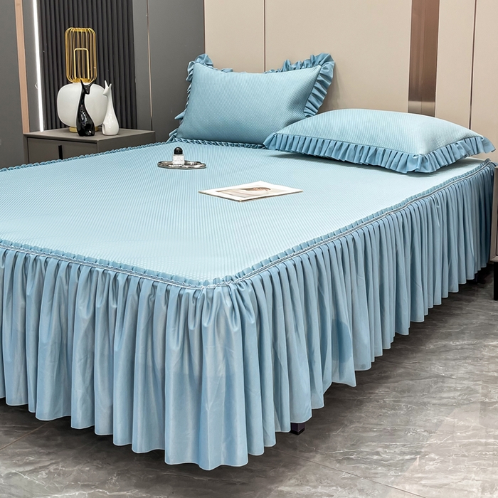 91家纺网 家纺一手货源 找家纺 瑞兴纺 2025新款高分子PE软凉席款床裙款 床裙款-华夫格-蓝