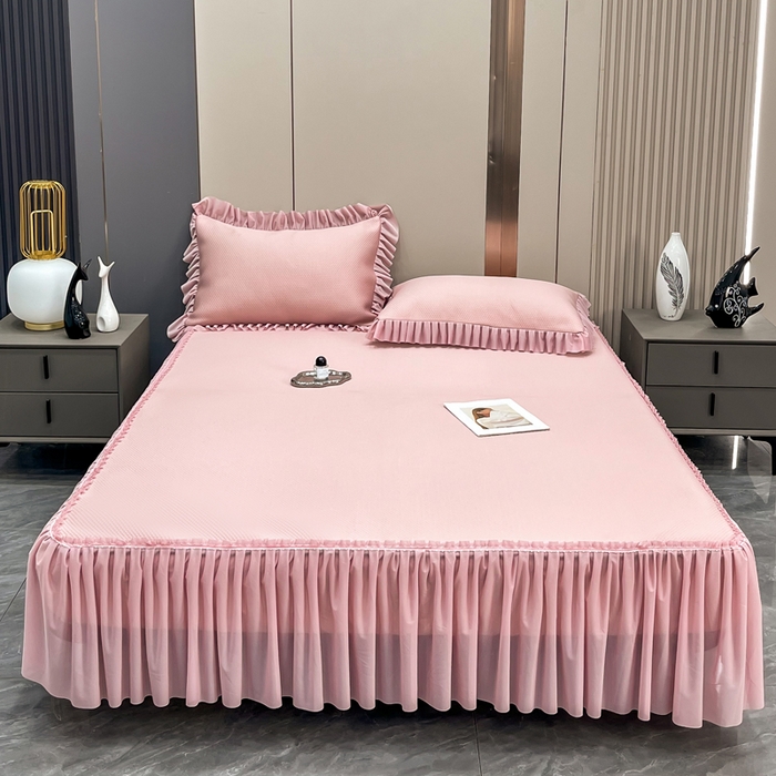 91家纺网 家纺一手货源 找家纺 瑞兴纺 2025新款高分子PE软凉席款床裙款 床裙款-华夫格-粉