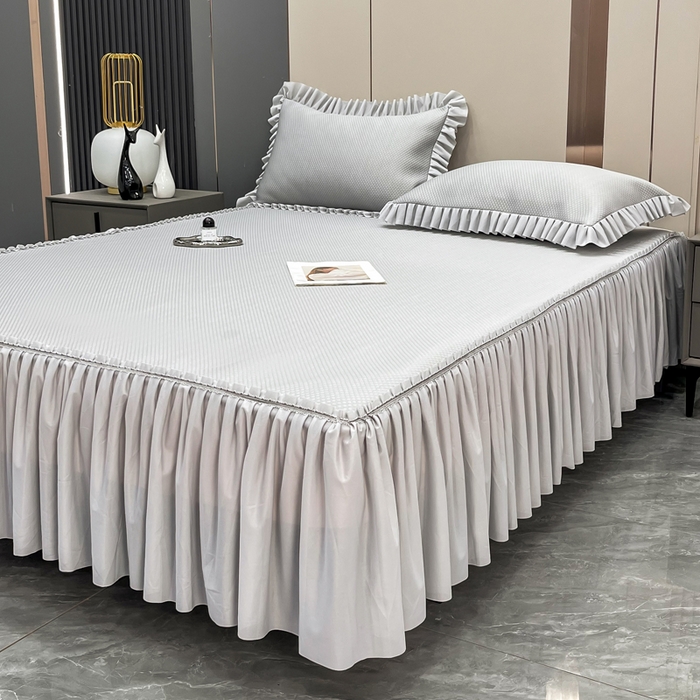 91家纺网 家纺一手货源 找家纺 瑞兴纺 2025新款高分子PE软凉席款床裙款 床裙款-华夫格-灰