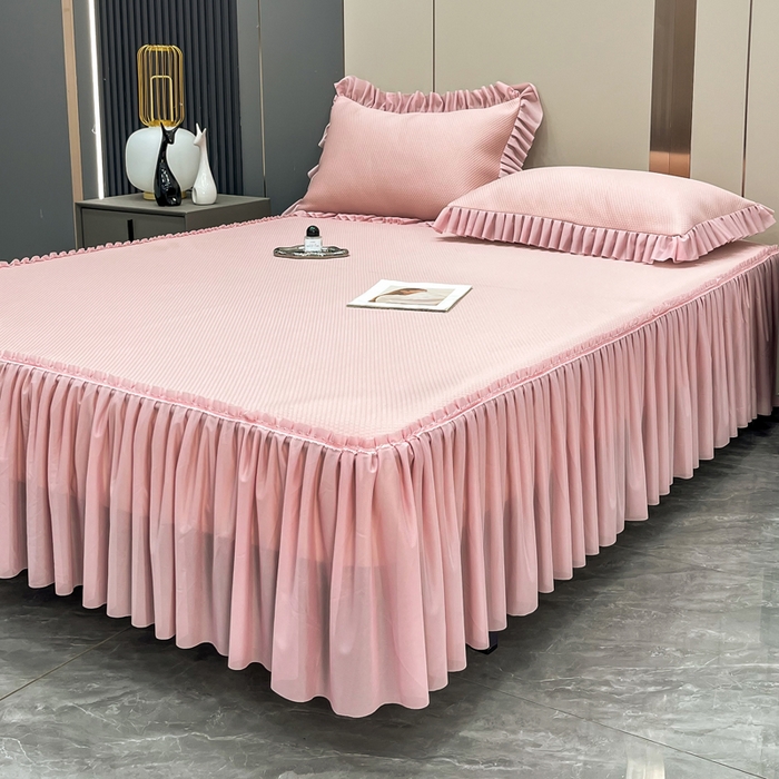 91家纺网 家纺一手货源 找家纺 瑞兴纺 2025新款高分子PE软凉席款床裙款 床裙款-华夫格-粉