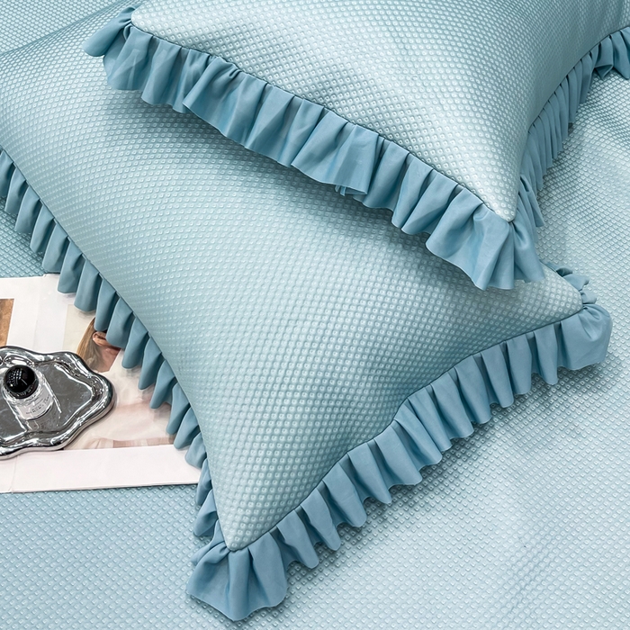 91家纺网 家纺一手货源 找家纺 瑞兴纺 2025新款高分子PE软凉席款床裙款 床裙款-华夫格-蓝
