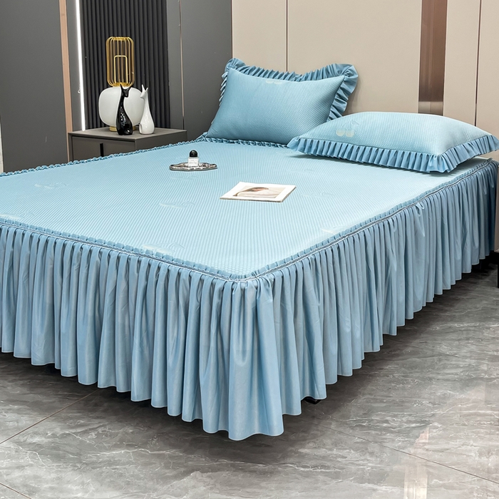 91家纺网 家纺一手货源 找家纺 瑞兴纺 2025新款高分子PE软凉席款床裙款 床裙款-小樱桃-蓝