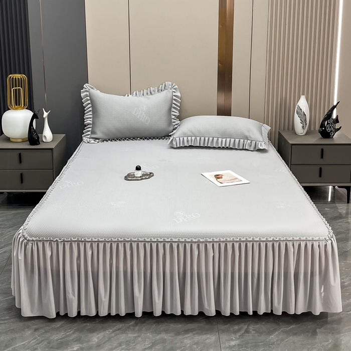 91家纺网 家纺一手货源 找家纺 瑞兴纺 2025新款高分子PE软凉席款床裙款 床裙款-玫瑰之恋-灰