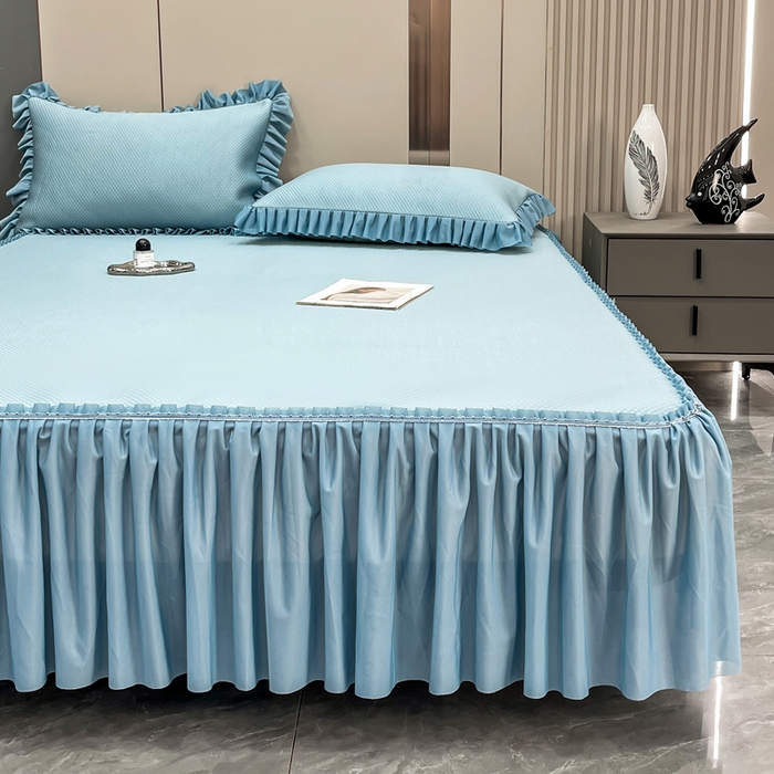 91家纺网 家纺一手货源 找家纺 瑞兴纺 2025新款高分子PE软凉席款床裙款 床裙款-华夫格-蓝