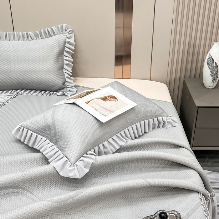 91家纺网 家纺一手货源 找家纺 瑞兴纺 2025新款高分子PE软凉席款床裙款 床裙款-五朵金花-灰