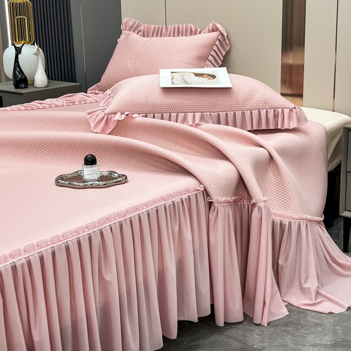 91家纺网 家纺一手货源 找家纺 瑞兴纺 2025新款高分子PE软凉席款床裙款 床裙款-玫瑰之恋-粉