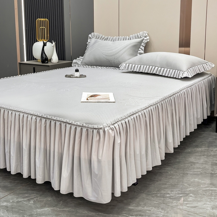 91家纺网 家纺一手货源 找家纺 瑞兴纺 2025新款高分子PE软凉席款床裙款 床裙款-五朵金花-灰