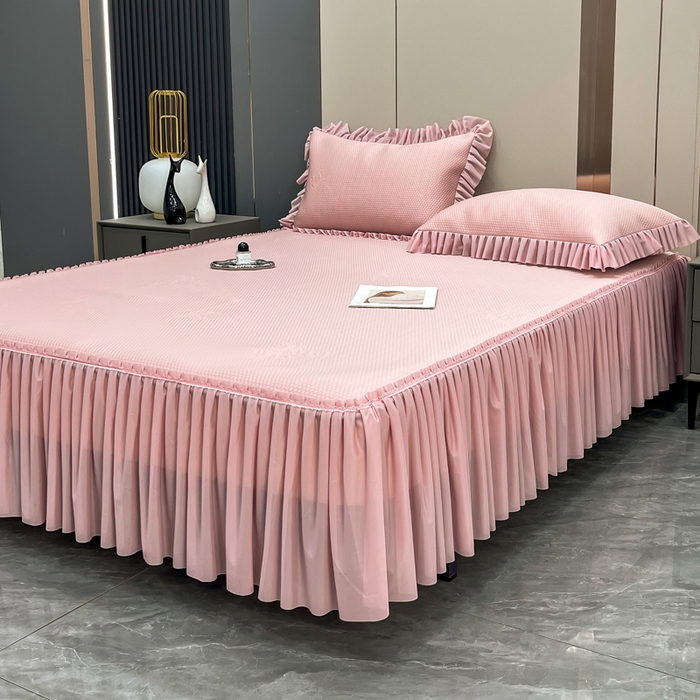 91家纺网 家纺一手货源 找家纺 瑞兴纺 2025新款高分子PE软凉席款床裙款 床裙款-玫瑰之恋-粉