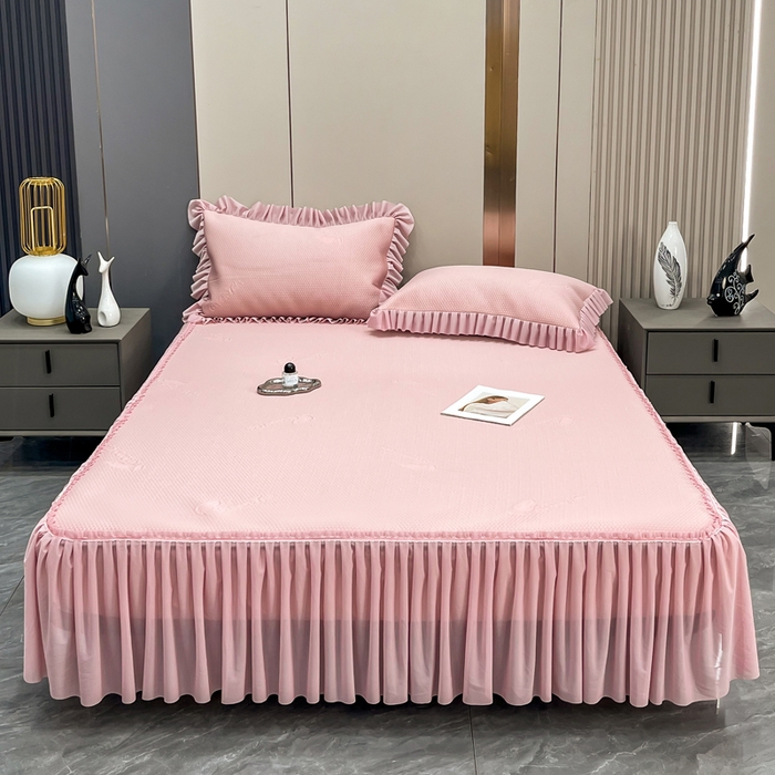 91家纺网 家纺一手货源 找家纺 瑞兴纺 2025新款高分子PE软凉席款床裙款 床裙款-沐夕-粉