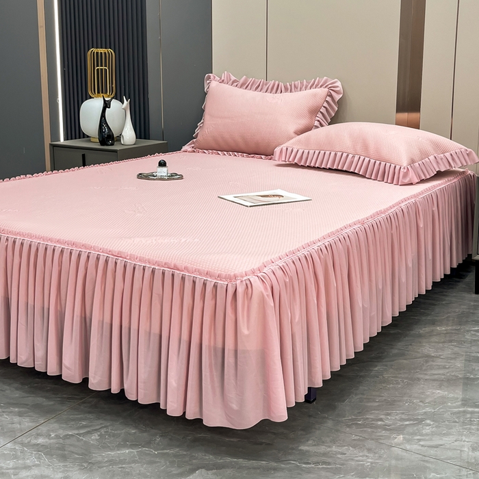 91家纺网 家纺一手货源 找家纺 瑞兴纺 2025新款高分子PE软凉席款床裙款 床裙款-沐夕-粉