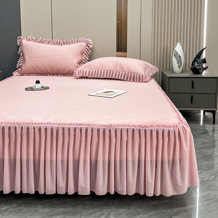 91家纺网 家纺一手货源 找家纺 瑞兴纺 2025新款高分子PE软凉席款床裙款 床裙款-沐夕-粉