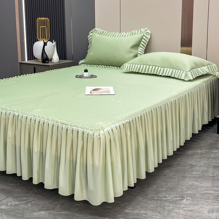 91家纺网 家纺一手货源 找家纺 瑞兴纺 2025新款高分子PE软凉席款床裙款 床裙款-小樱桃-绿