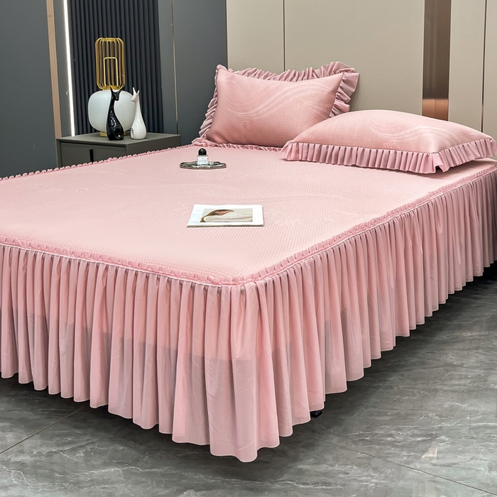 91家纺网 家纺一手货源 找家纺 瑞兴纺 2025新款高分子PE软凉席款床裙款 床裙款-五朵金花-粉