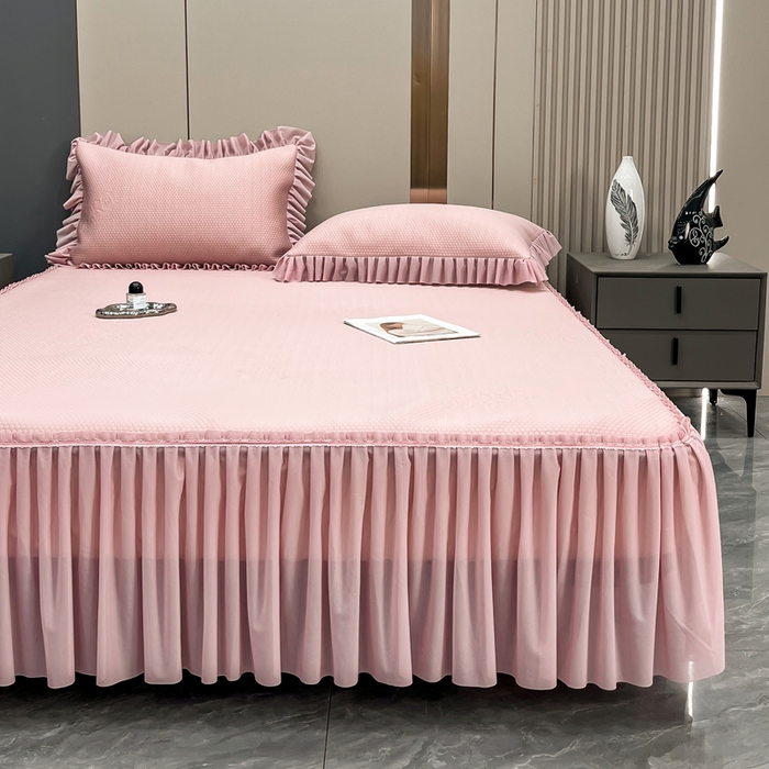 91家纺网 家纺一手货源 找家纺 瑞兴纺 2025新款高分子PE软凉席款床裙款 床裙款-玫瑰之恋-粉