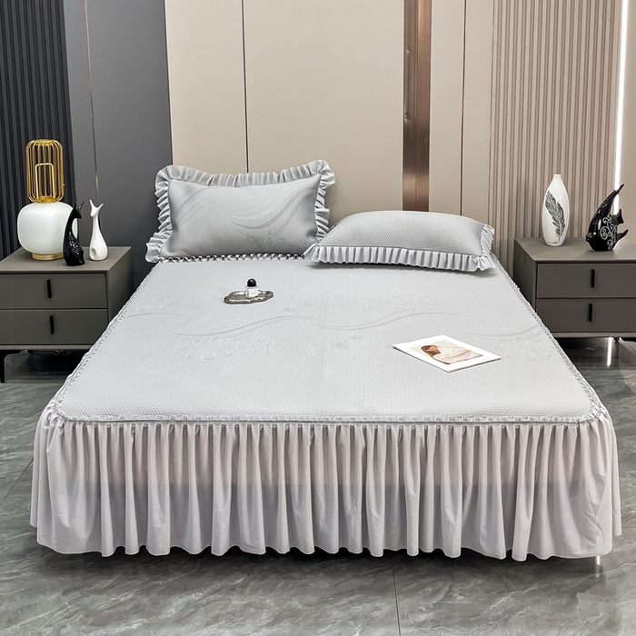 91家纺网 家纺一手货源 找家纺 瑞兴纺 2025新款高分子PE软凉席款床裙款 床裙款-五朵金花-灰