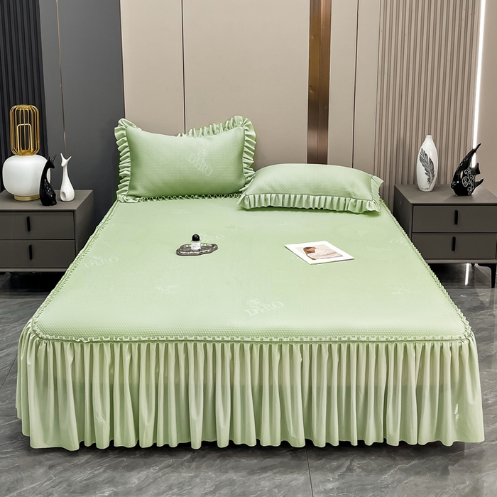 91家纺网 家纺一手货源 找家纺 瑞兴纺 2025新款高分子PE软凉席款床裙款 床裙款-玫瑰之恋-绿