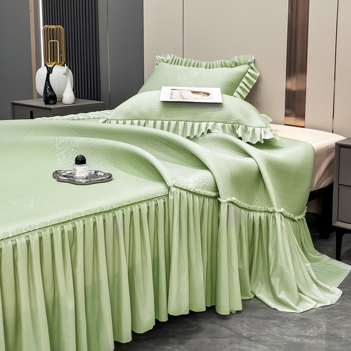 91家纺网 家纺一手货源 找家纺 瑞兴纺 2025新款高分子PE软凉席款床裙款 床裙款-玫瑰之恋-绿