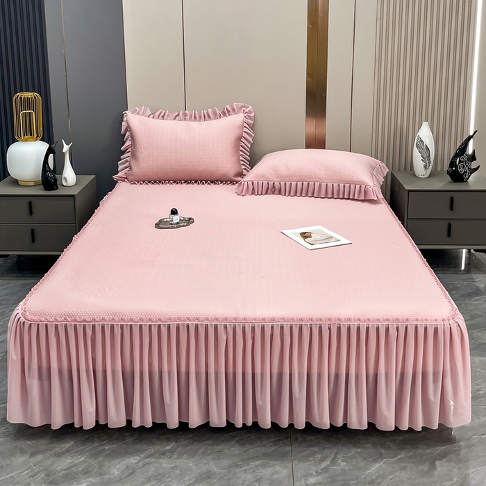 91家纺网 家纺一手货源 找家纺 瑞兴纺 2025新款高分子PE软凉席款床裙款 床裙款-玫瑰之恋-粉