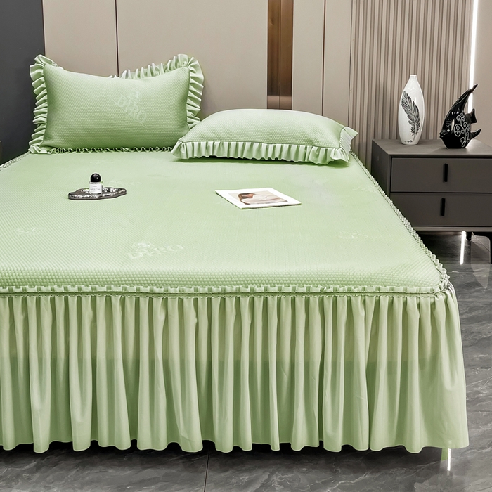 91家纺网 家纺一手货源 找家纺 瑞兴纺 2025新款高分子PE软凉席款床裙款 床裙款-玫瑰之恋-绿