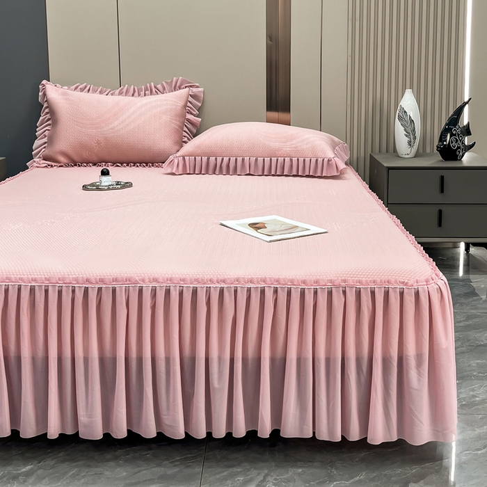 91家纺网 家纺一手货源 找家纺 瑞兴纺 2025新款高分子PE软凉席款床裙款 床裙款-五朵金花-粉