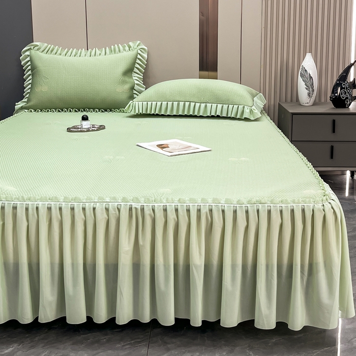 91家纺网 家纺一手货源 找家纺 瑞兴纺 2025新款高分子PE软凉席款床裙款 床裙款-小樱桃-绿