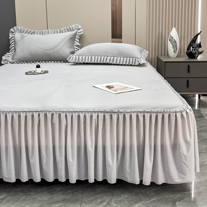 91家纺网 家纺一手货源 找家纺 瑞兴纺 2025新款高分子PE软凉席款床裙款 床裙款-五朵金花-灰