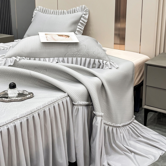 91家纺网 家纺一手货源 找家纺 瑞兴纺 2025新款高分子PE软凉席款床裙款 床裙款-五朵金花-灰