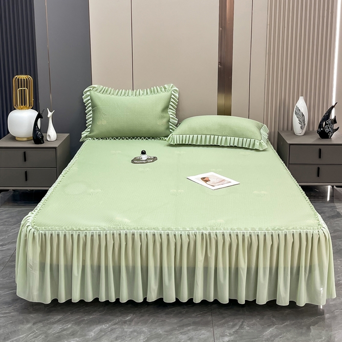 91家纺网 家纺一手货源 找家纺 瑞兴纺 2025新款高分子PE软凉席款床裙款 床裙款-小樱桃-绿