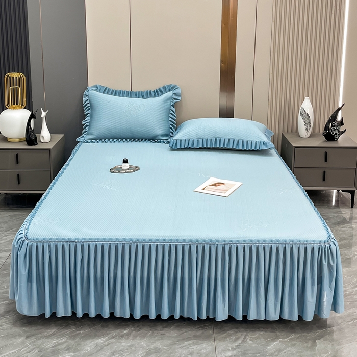 91家纺网 家纺一手货源 找家纺 瑞兴纺 2025新款高分子PE软凉席款床裙款 床裙款-玫瑰之恋-蓝