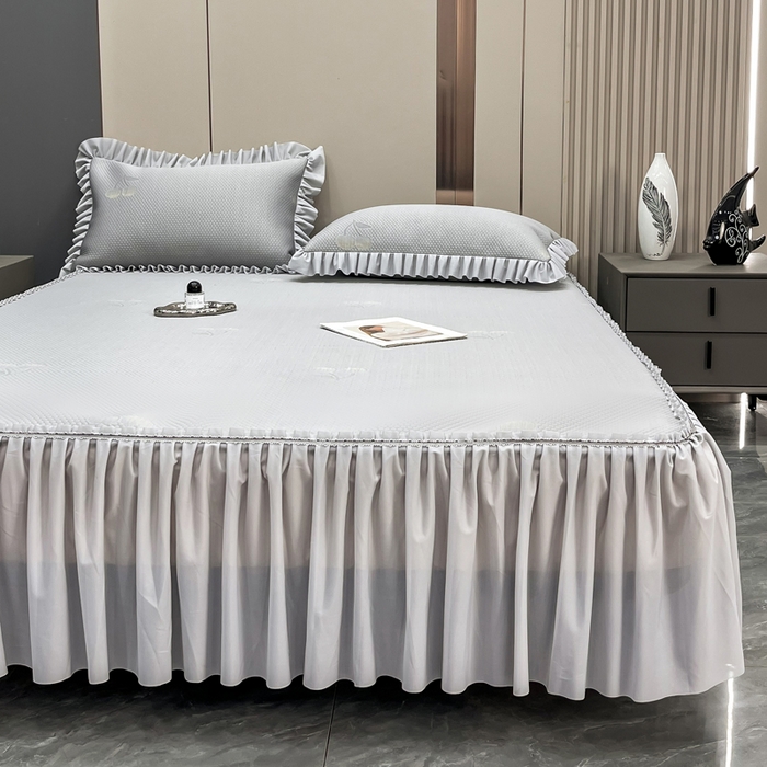 91家纺网 家纺一手货源 找家纺 瑞兴纺 2025新款高分子PE软凉席款床裙款 床裙款-小樱桃-灰