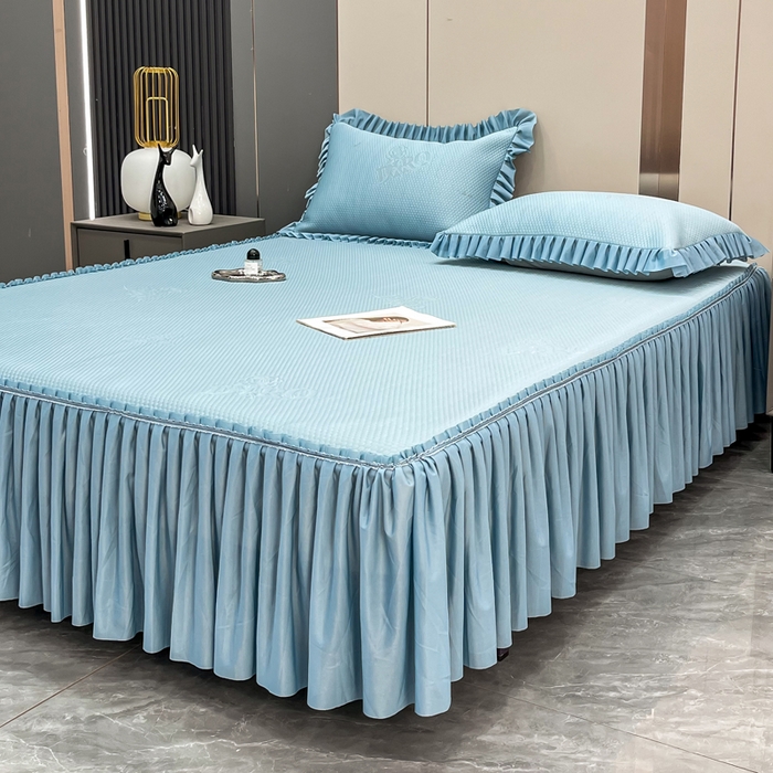 91家纺网 家纺一手货源 找家纺 瑞兴纺 2025新款高分子PE软凉席款床裙款 床裙款-玫瑰之恋-蓝