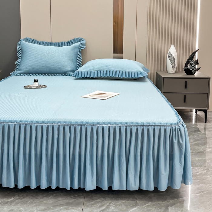 91家纺网 家纺一手货源 找家纺 瑞兴纺 2025新款高分子PE软凉席款床裙款 床裙款-玫瑰之恋-蓝