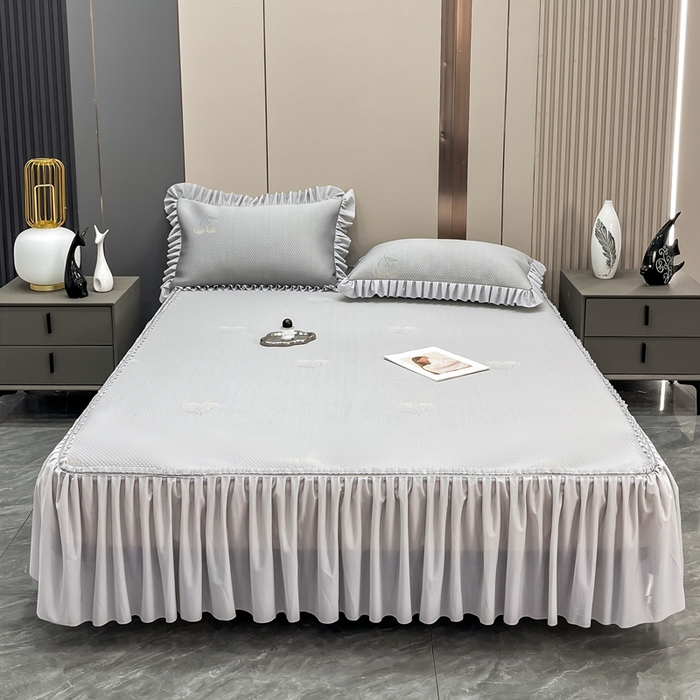 91家纺网 家纺一手货源 找家纺 瑞兴纺 2025新款高分子PE软凉席款床裙款 床裙款-小樱桃-灰