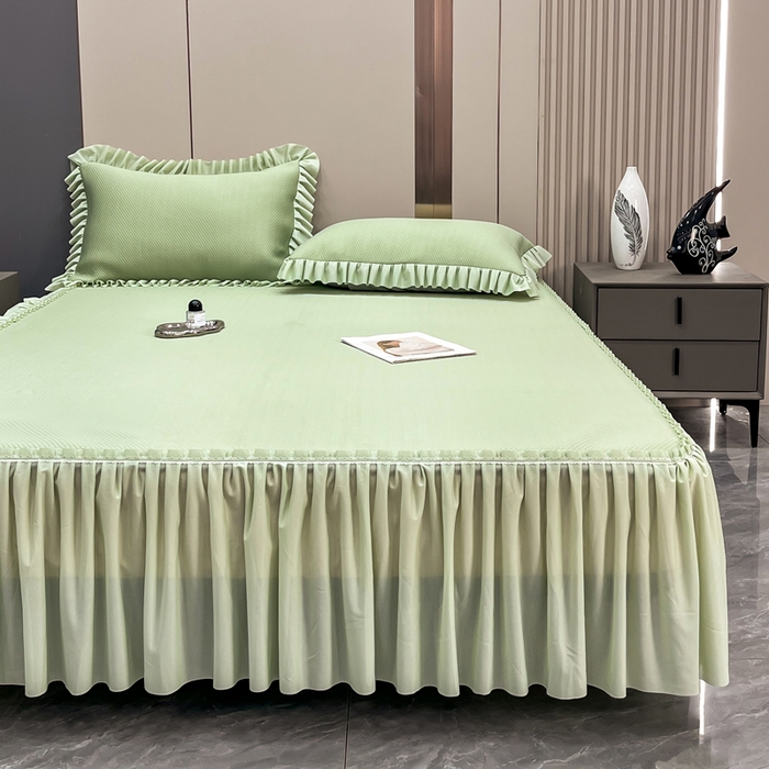 91家纺网 家纺一手货源 找家纺 瑞兴纺 2025新款高分子PE软凉席款床裙款 床裙款-华夫格-绿