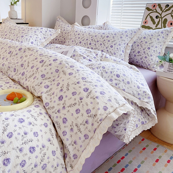 91家纺网 家纺一手货源 找家纺 （总）雨彤家纺 2025新款A类高克重云感皱皱双层纱全棉镂空花边款法式四件套-床拍图