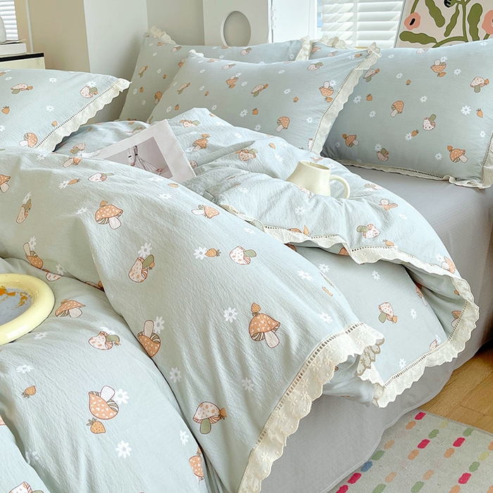 雨彤家纺 2025新款A类高克重云感皱皱双层纱全棉镂空花边款法式四件套-床拍图 浅忆