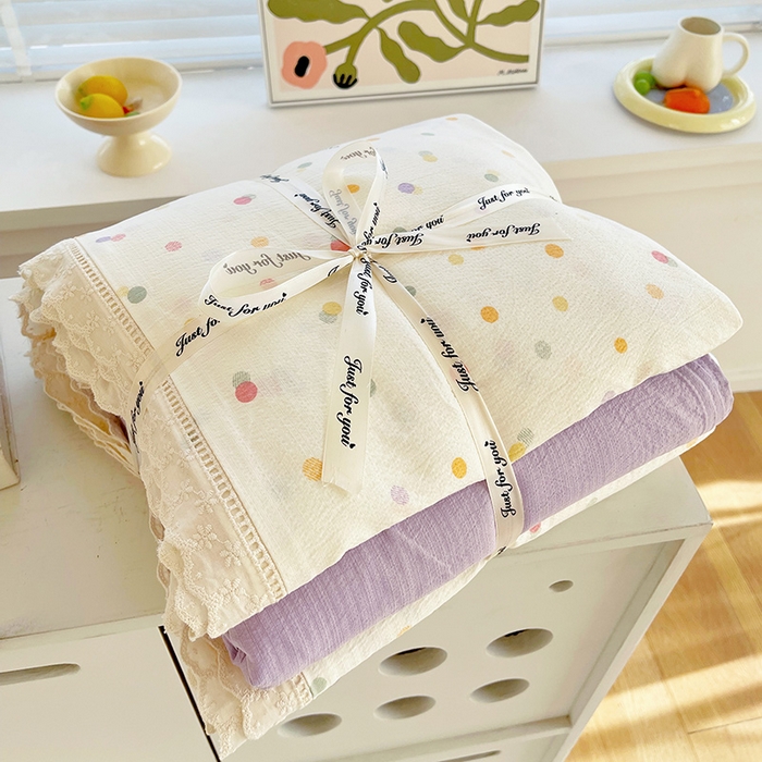 91家纺网 家纺一手货源 找家纺 （总）雨彤家纺 2025新款A类高克重云感皱皱双层纱全棉镂空花边款法式四件套-叠拍图