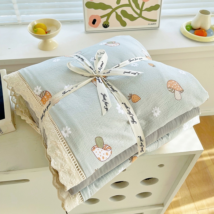 雨彤家纺 2025新款A类高克重云感皱皱双层纱全棉镂空花边款法式四件套-叠拍图 浅忆