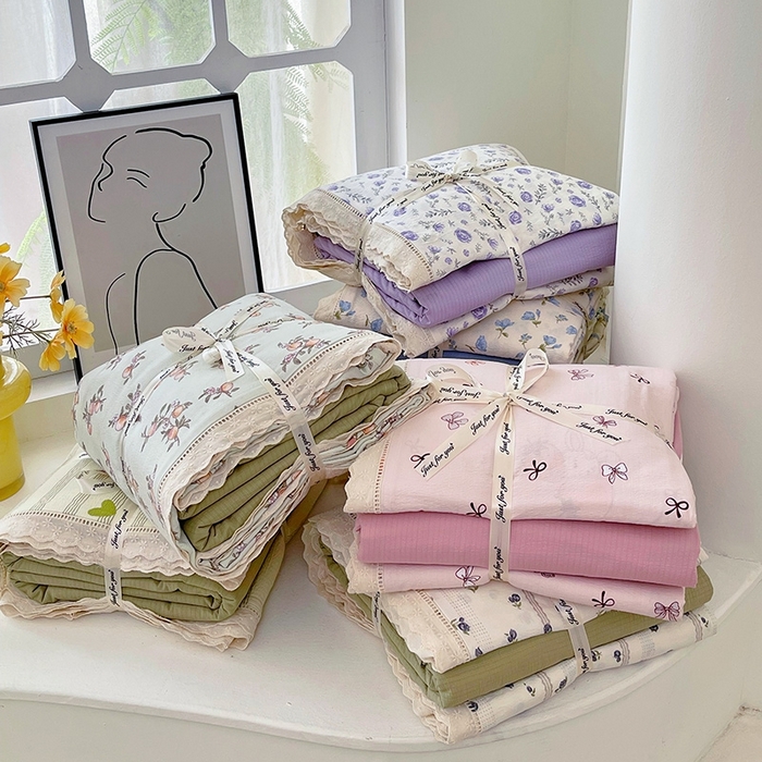 雨彤家纺 2025新款A类高克重云感皱皱双层纱全棉镂空花边款法式四件套-叠拍图 组合图