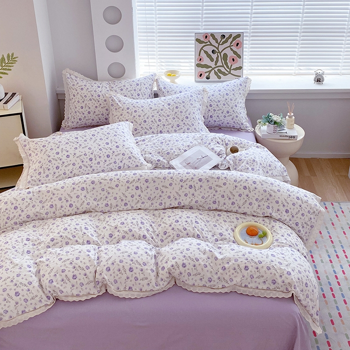 91家纺网 家纺一手货源 找家纺 雨彤家纺 2025新款A类高克重云感皱皱双层纱全棉镂空花边款法式四件套-床拍图 惜花芷