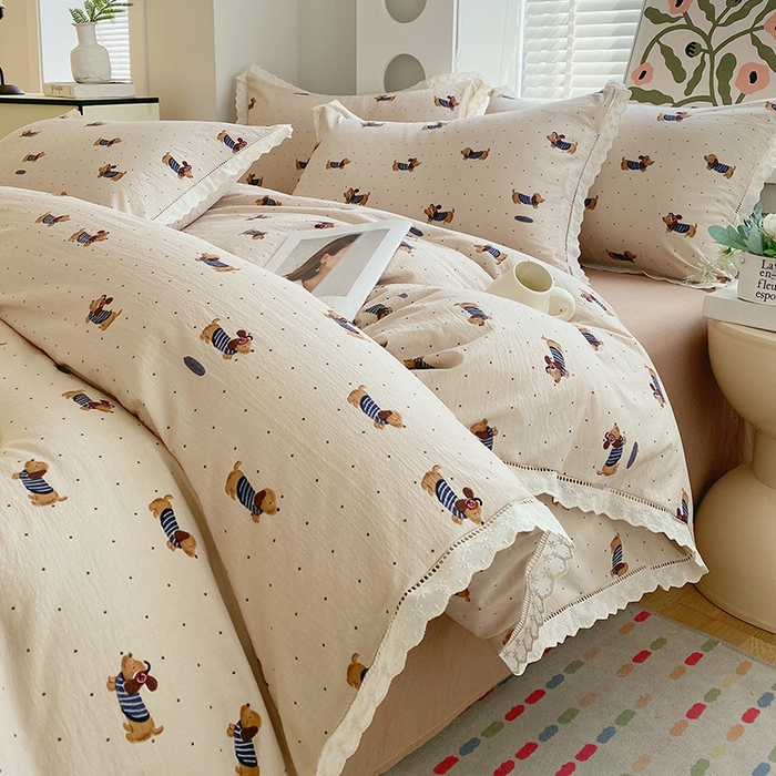 91家纺网 家纺一手货源 找家纺 （总）雨彤家纺 2025新款A类高克重云感皱皱双层纱全棉镂空花边款法式四件套-床拍图